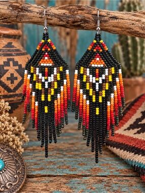 Southwest Seed Bead Multicolor Fringe Earrings